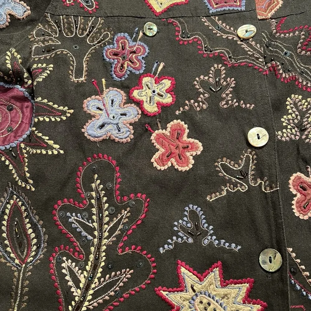 Yak Magik Jacket Women's Large Artisan Silk Embroidered Nepal Art to Wear Beaded